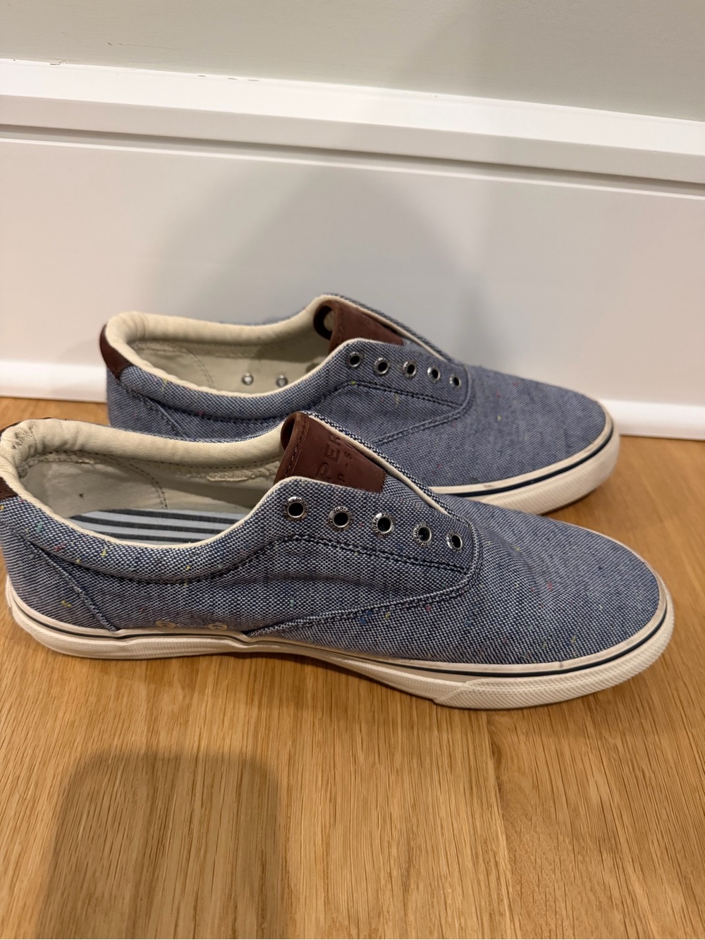 Sperry Men’s Blue Canvas Slip-On Sneakers with Brown Accents